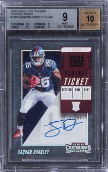 2018 Panini Contenders Playoff Ticket #102A Saquon Barkley Signed Rookie Card (#07/49) - BGS MINT 9/BGS 10